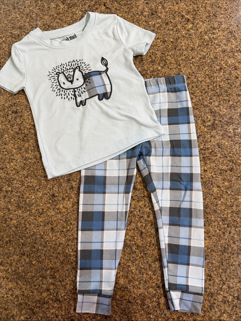Light Blue Lion Short-Sleeve Top & Blue Plaid Pajama Pants Set